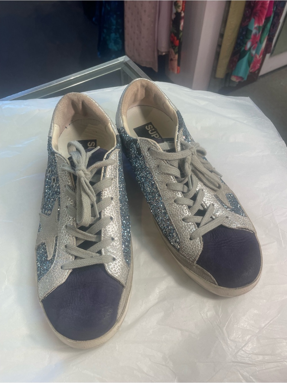 Golden Goose Women’s Glitter Low-Top Sneakers in Silver & Navy